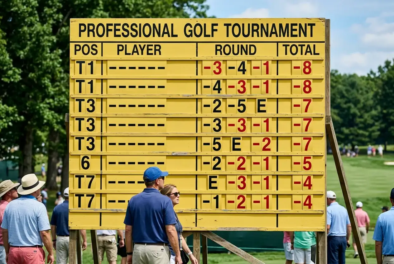 Resultatstavla på en golfturnering som visar spelare på delad placering, illustrerar dead heat i each way bet golf